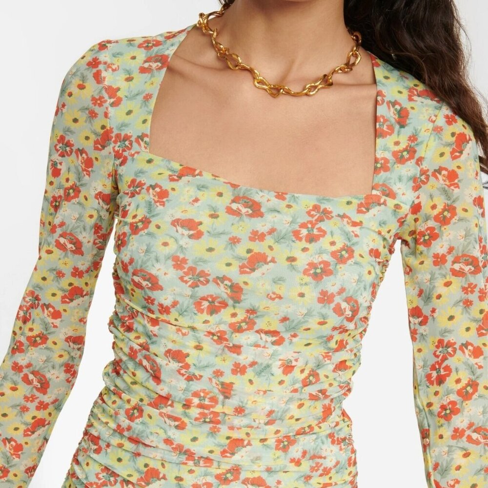 Ganni Floral Ruched Mesh Top. Size Small. Floral Print.